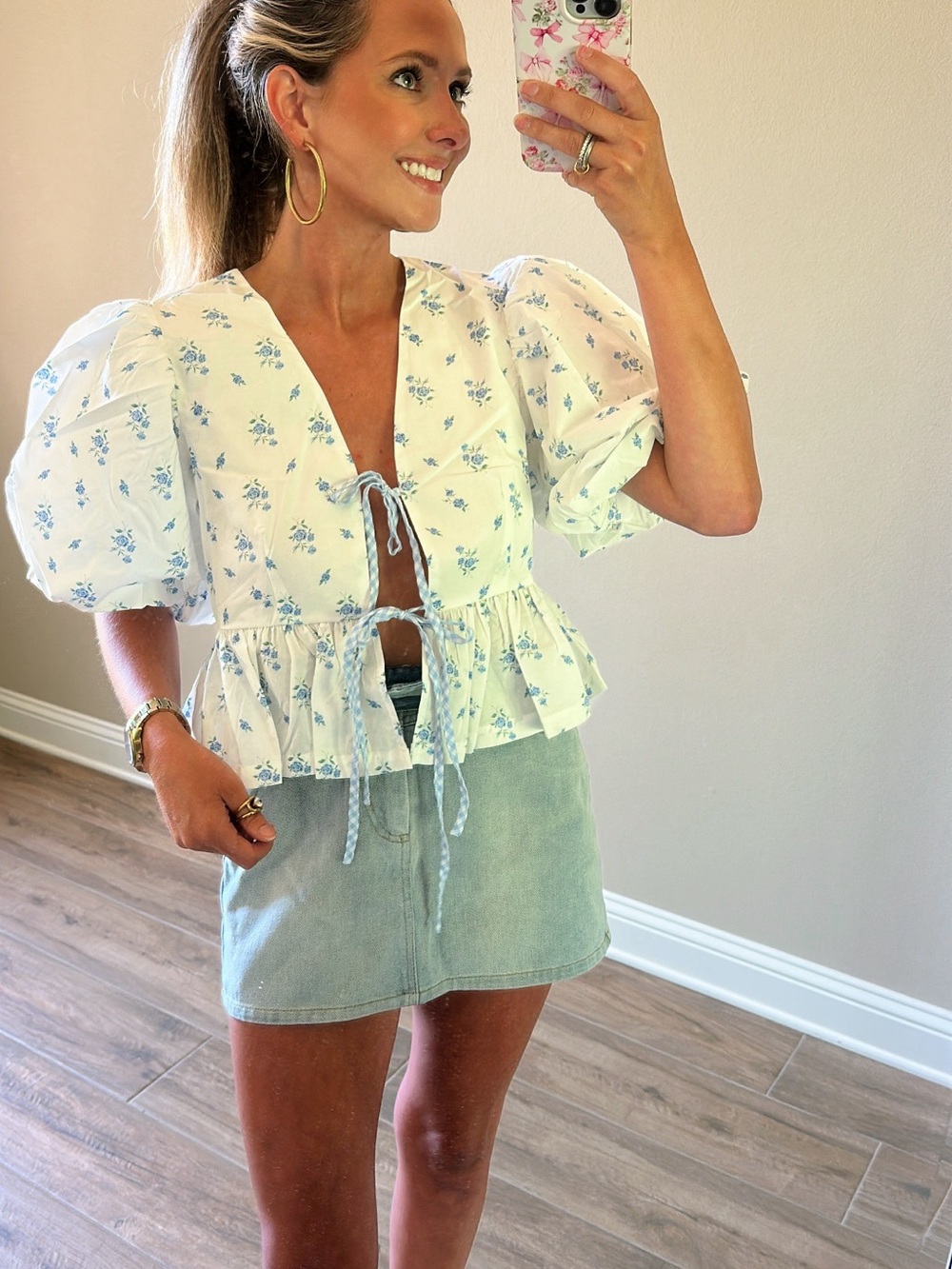 White Puff Sleeve Peplum Tie-Front Top with Blue Floral Print